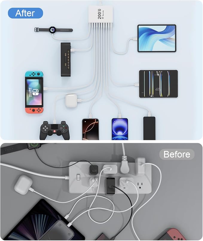 USB C Charging Station 10 Port with 4 Cables,200W GaN Type C Charger Block,Wall Charger Power Strip Adapter Plug for iPad iPhone17 16 15 14 13 12 Pro Max Pixel Note Galaxy