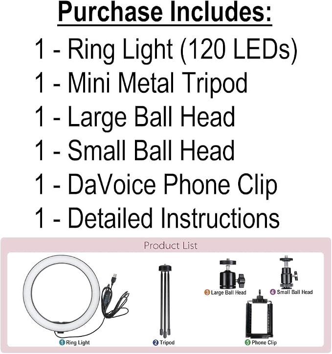 DaVoice 10" 3 Light Modes Desktop Ring Light for Zoom Meetings, with Stand, Phone Holder, USB Powered
