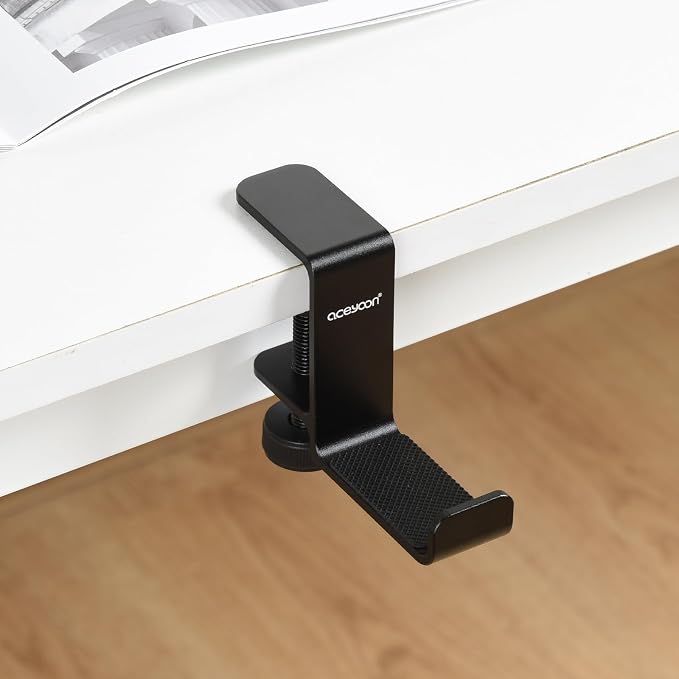 aceyoon Under Desk Headphone Hanger, Aluminum Headphone Stand,Headset Holder Space-Saving for Bag/Backpack/GamingHeadphone, Black