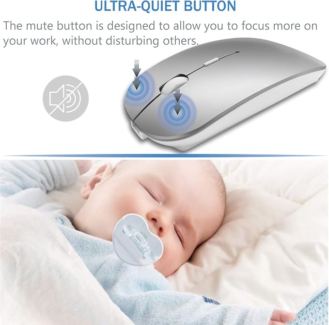 Bluetooth Wireless Mouse for MacBook Air Mac Pro Laptop Computer iPad Pad PC Laser Optical Rechargeable Mini Slim Silent Mouse Widely Used Desktop Hp iMac (Silver)