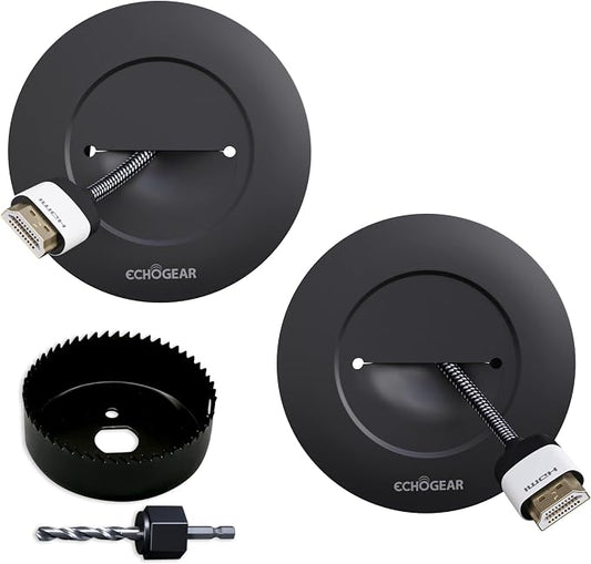 ECHOGEAR TV Cord Hider for Wall Mounted TV - Cable Management Kit Hides TV Wires - Includes 2 Pass Throughs, Locking Brackets, and Hole Saw Drill Attachment (Black)