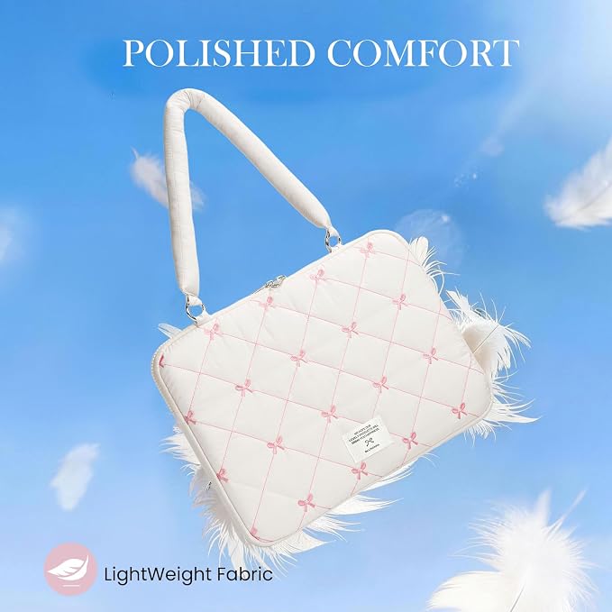 Cute Bow Laptop Case Coquette 13-15 Inch Puffy Laptop Sleeve Accessories Aesthetic Quilted Computer Bag for MacBook (White, 15-15.6inch)