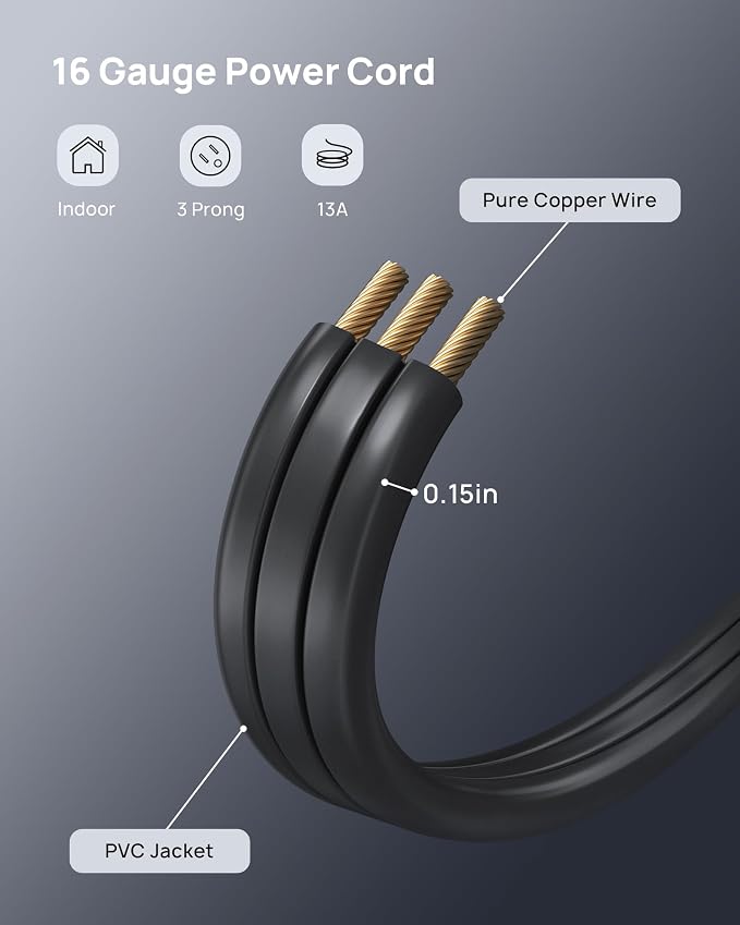 TROND Flat Plug Extension Cord 5 ft- Rightward Lower Profile Power Strip, No Blocking 3 Way Outlets, Three Prong, 1625W, Small for Tight Space Behind Furniture Indoor Home Office Cruise Travel, Black
