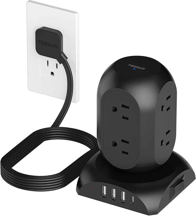 TESSAN Surge Protector Power Strip Tower, Flat Plug Extension Cord 10 Ft with 8 AC Multiple Outlets 4 USB Ports (1 USB C), 1050J Protection Desk Charging Station for Home, Office, Dorm Room, Black