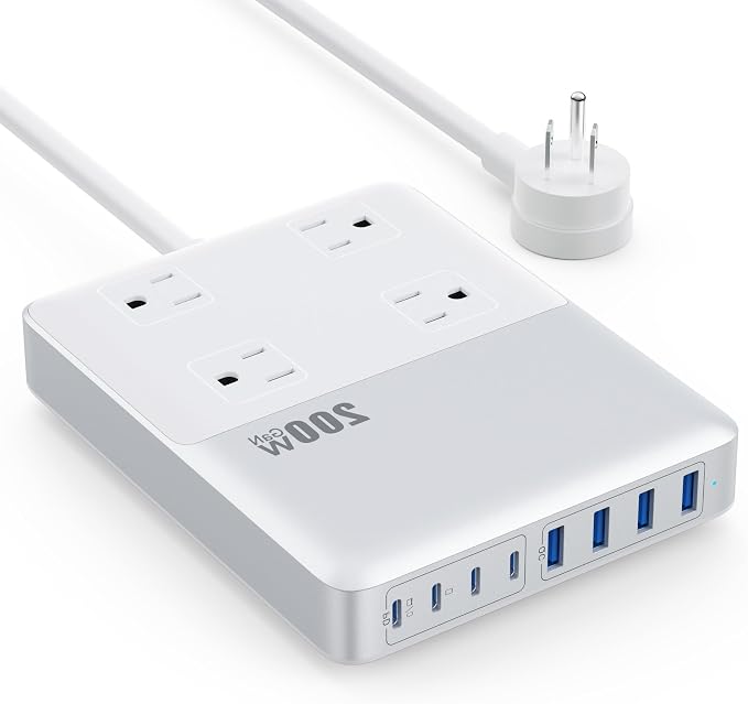 12-in-1 Charging Station USB C Power Strip with 5ft Cord,200W GaN IV USB C Charger Block,4 AC Outlets,8 USB for MacBook,iPhone 16/15/14,Fast Charging Desktop Charger for Office (Matte White)