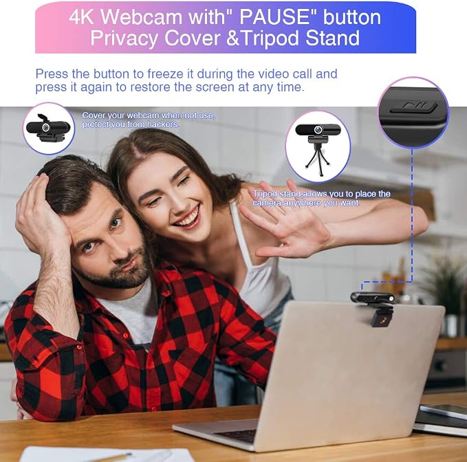 4K Webcam with Microphone, 8MP Laptop PC Desktop Computer Web Camera, USB Webcams for Video Calling Recording Streaming Video Conference, Webcam with Tripod，Privacy Shutter