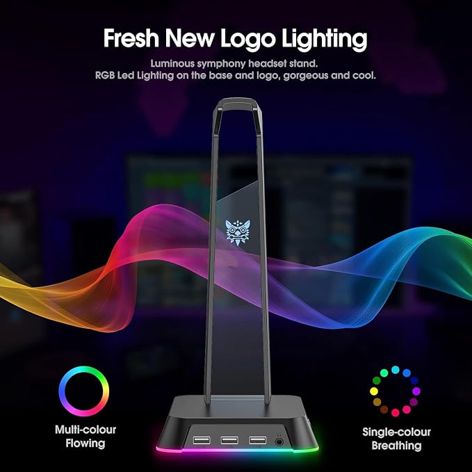 PHNIXGAM RGB Headphone Stand with 3.5mm AUX and 3 Port USB 2.0 Hub, Universal Gaming Headset Hanger Holder for Computer Gaming Gamer Accessories (Black)