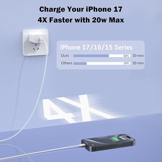 Fast Charger for iPhone 17 16 Charger, 20W Type C Charging Block with 3.3FT Long USB C Charging Cable, iPad Wall Plug Power Adapter for iPhone 17/17 Pro/17 Pro Max/Air/16/15, iPad Pro/Air/Mini,AirPods