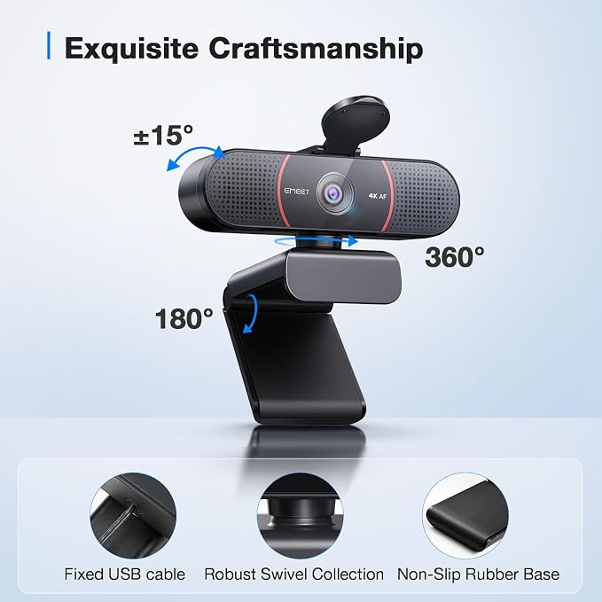 EMEET C960 4K Webcam for PC, 4K UHD CMOS Sensor, PDAF Auto Focus, Dual Omnidirectional Mics, Auto Light Correction, 73° FOV, Plug&Play Webcam w/Privacy Cover, Works w/Zoom/Teams/Skype/Google Meet