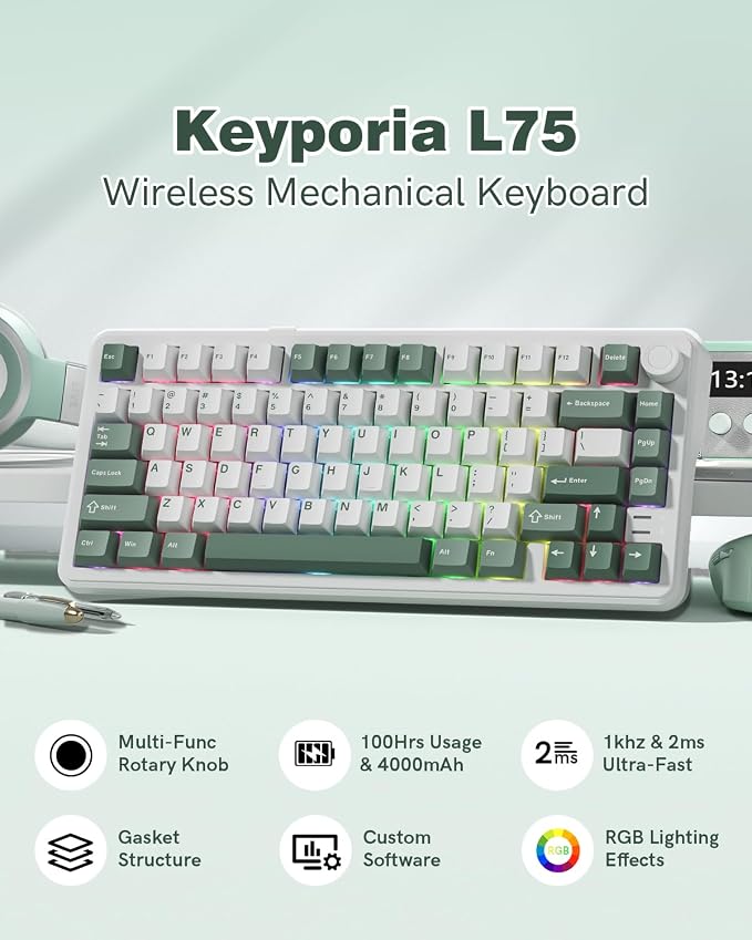 L75 75% Mechanical Keyboard, Wireless Gaming Keyboard with Multifunction Knob, Creamy Gasket Structure, Hot Swap, RGB Backlight, PBT Keycap, Custom Driver, Compact Layout for Win/Mac/PC