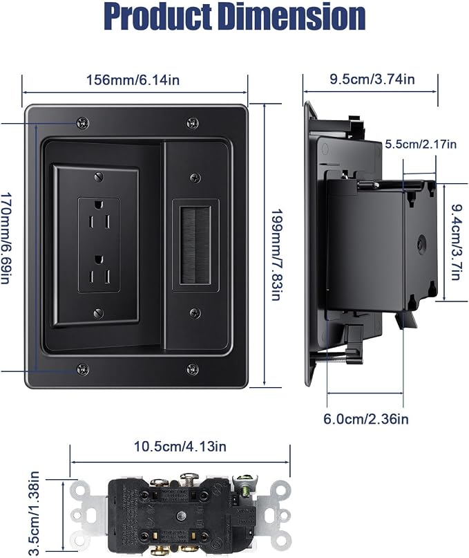 ZEXMTE in Wall Cable Management Kit, Wall Cable Concealer Kit for TV, Recessed Outlet for Low Voltage Cables, Cord Hider Fits All Plugs for Wall Mounted TV & Cable Pass Through, Black