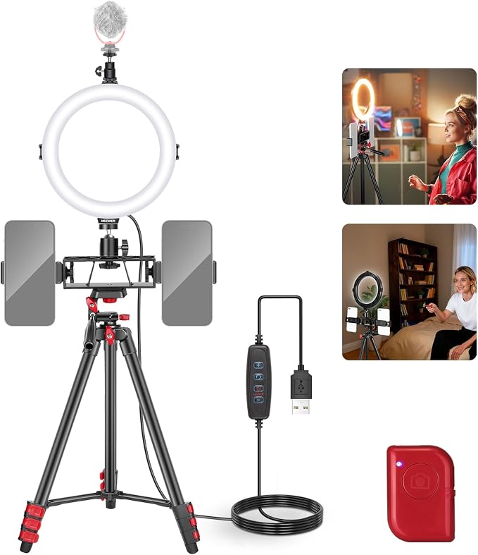NEEWER Basics 8" Selfie Ring Light with Tripod Stand/2 Phone Holders Compatible with iPhone/3 Cold Shoes/Remote, LED Ringlight Lighting for YouTube TikTok Vlog Video Recording Makeup Streaming, R08