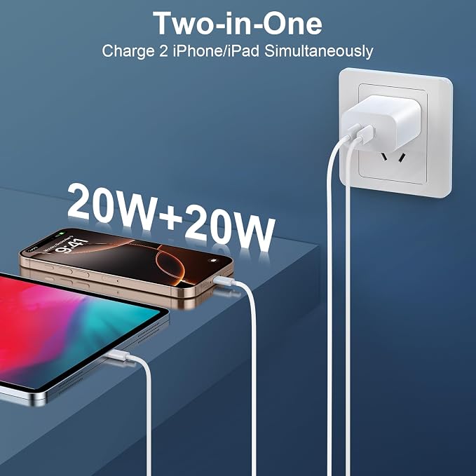 20W Dual Port Type C Fast Wall Charger Power Adapter, USB C Charging Block with 3FT USB-C to C Cable for Phone 17/16/15/15 Plus/15 Pro/15 Pro Max, Pad Pro/Air, Android Phone