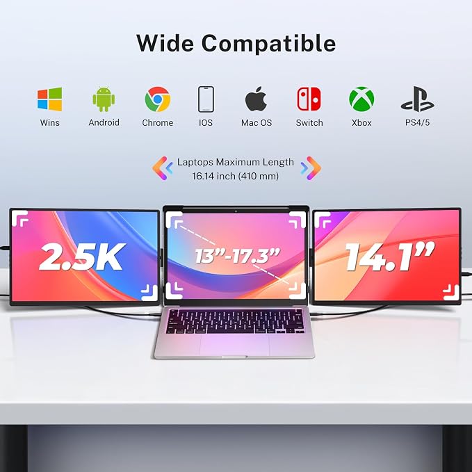Laptop Screen Extender, 2.5K Triple Laptop Screen Extender Monitor, Plug-Play 360° Rotation Multiple Screens for Laptop Fits 13-17 Inch Compatible with macOS, Windows, Chrome, Dex，Black