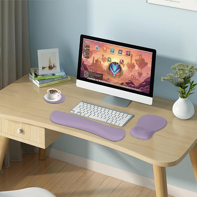 RICHEN Wrist Rest Support for Mouse Pad&Keyboard Set with Coaster,Concave Curved Memory Foam, Non-Slip Base Pain Relief Comfortable Easy Typing Pad for Home/Office (Lavender Purple)