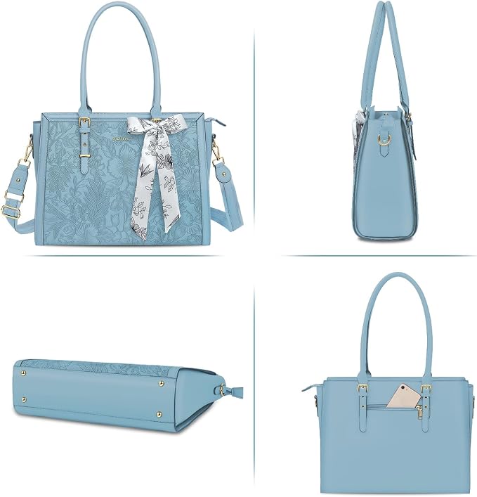 MOSISO Laptop Bag for Women, 15.6-16 inch PU Leather Tote Bag Compatible with MacBook, HP, Dell, Asus Notebook, Front Embossed Retro Hibiscus Computer Bags with Silk Scarf&Clutch Purse, Air Blue