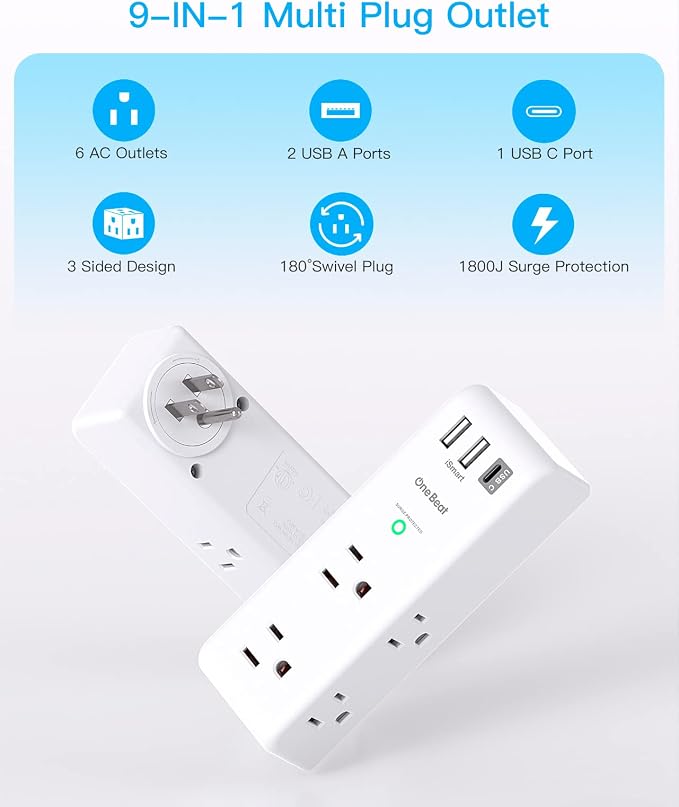 Surge Protector Outlet Extender with Rotating Plug, 6 AC Multi Plug Outlet with 3 USB Ports (1 USB C Port), 1800J Wall Charger, 3-Sided Power Adapter Outlet Splitter for Home Office, White