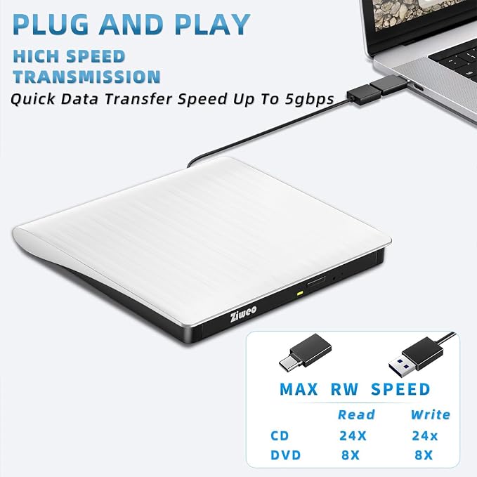 Ziweo External DVD Drive USB 3.0 Type-C Portable CD DVD +/-RW Drive for Laptop DVD Player CD ROM Rewriter Burner Compatible with Laptop Desktop PC Windows MacBook Mac Linux Mac OS Upgrade White