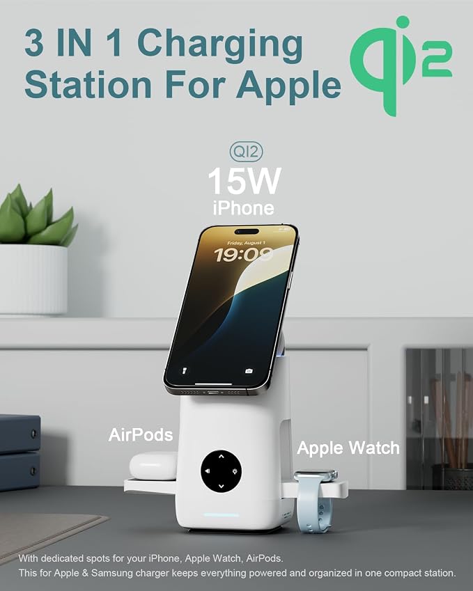 3-in-1 Charging Station for Apple & Samsung - Qi2 Certified 15W Rotating Wireless Mag-Safe Charger Stand for Apple - iPhone 17 16 15 14 13 12, AirPods, Apple & Galaxy Watch, Samsung S25 S24 Bud(White)