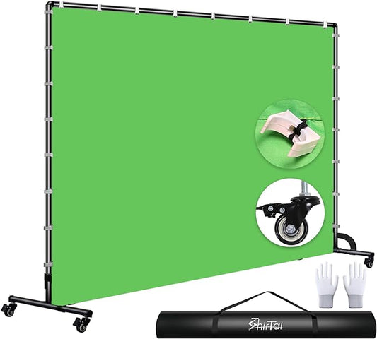 7x10ft Green Screen Backdrop with Stand,Movable Backdrop Stand with Wheels Greenscreen Background for Streaming,Studio Video Recording,Zoom Meeting,Party