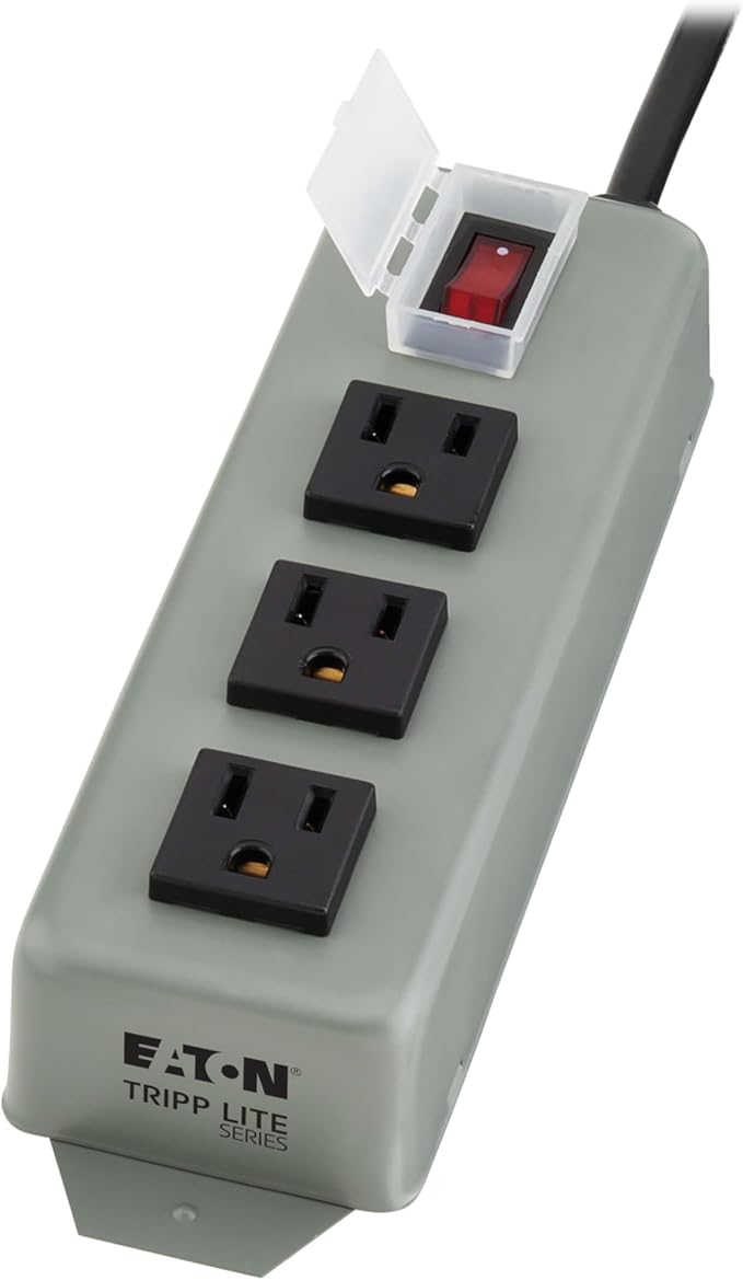 Eaton Tripp Lite Series 3-Outlet Heavy Duty Power Strip, Metal, Mountable (Wall Mount & Under Desk), 6ft Extension Cord, On/Off Switch Cover, Industrial Garage Shop Work Bench Applications (3SP)