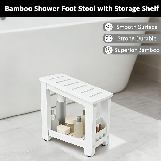 Bamboo Shower Foot Rest Stool for Shaving Legs & Pedicure, Non-Slip Bathroom Foot Step with Storage Pocket, Solid & Water-Resistant,Natural (White)