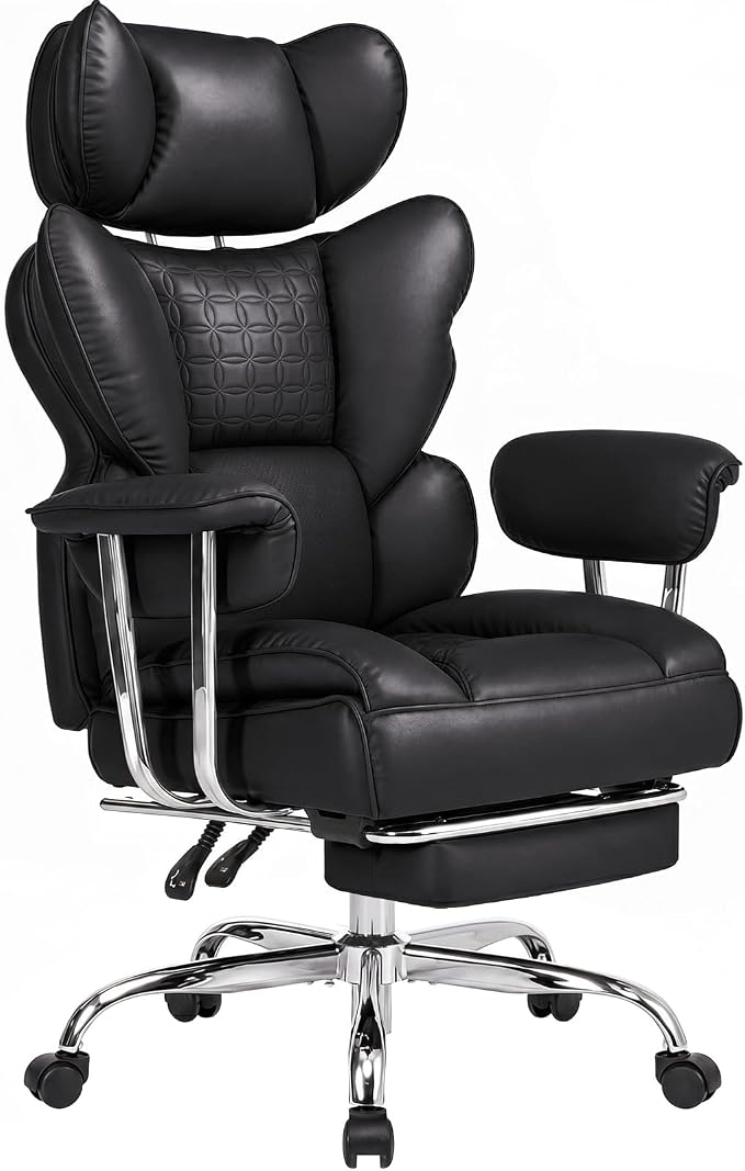 DUMOS Big and Tall Office Chair 350 LBS, Scratch-Resistant PU Leather Executive Office Desk Chair with Footrest, Ergonomic Reclining Computer Chair with Pocket Spring Support for Home Office, Black