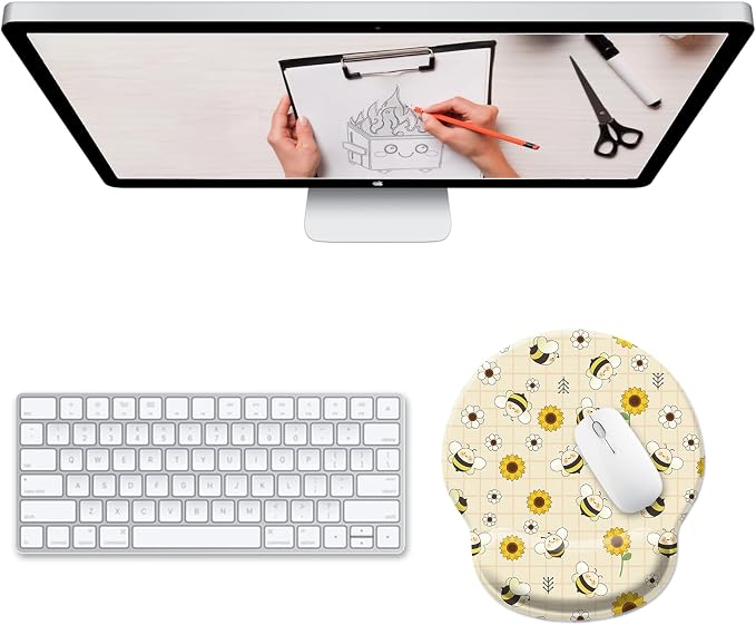 Hancynir Sunflower Bee Ergonomic Mouse Pad with Wrist Rest, Cute Gel Mousepad Wrist Support, Computer Gaming Mouse Pad with Pain Relief Non-Slip PU Base for Desk Accessories Office Decor Supplies