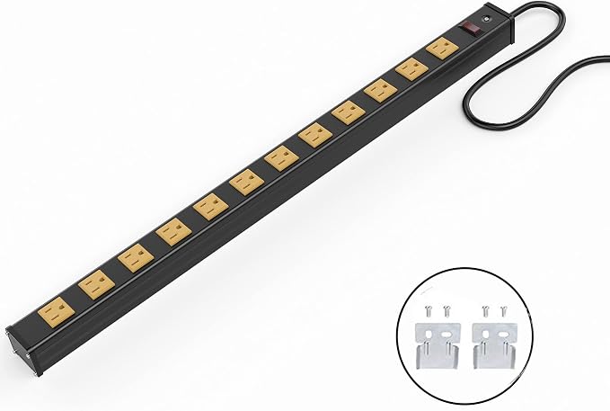 Oviitech 12 Outlets Heavy Duty Metal Socket Power Strip, 6-Foot Long Extension Cord with Circuit Breaker. Mounting Brackets Included,Workshop/Industrial use, ETL Certified，Yellow