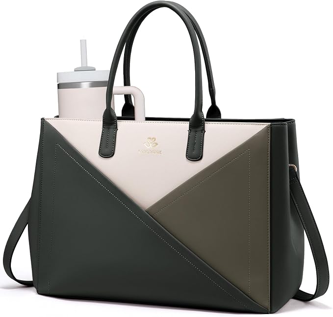 LOVEVOOK Laptop Tote Bag for Women with Large Cup Holder, 16 Inch PU Leather Work Bag Teacher Tote Bag, Waterproof Computer Bags Business Office Briefcase Handbag