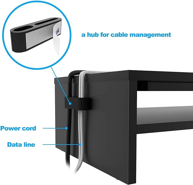 BONTEC Wood Monitor Stand Riser, 2-Tier Desktop Organizer with Storage, Ergonomic Computer Stand for Desk, Cable Management, Cellphone Holder, 21.3 Inch Shelf, Black