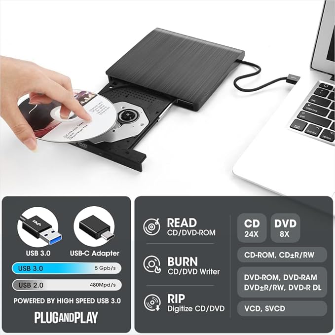 ROOFULL External CD DVD Drive for Laptop, USB 3.0 Type-C Portable CD/DVD+/-RW Optical Drive Reader Writer Burner Player for Windows 11/10/8/7 Computer Mac MacBook Linux PC
