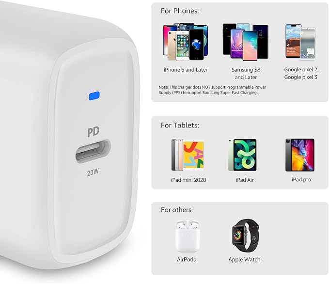 Amazon Basics 20W Foldable USB-C Wall Charger with Power Delivery for Tablets & Phones (iPhone 16/15/14/13/12/11/X, iPad, Samsung), Portable, non-PPS, White