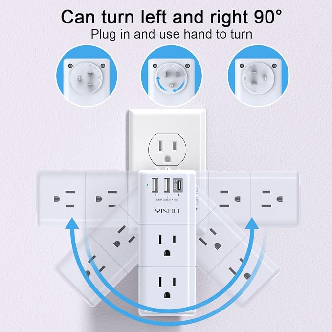 USB Multi Plug Outlet Extender - YISHU Surge Protector with Rotating Plug, 6 AC Plug Extender with 3 USB Ports, 3-Sided Swivel Power Strip Best Ideal Stocking Stuffers for Adults