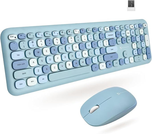 X9 Cute Wireless Keyboard and Mouse Combo - Retro Typewriter Keyboard and Mouse with Round Bubble Keys, 110 Keys and 18 Shortcuts Keyboard - Colorful Blue Keyboard Mouse Combo for PC Computer, Laptop
