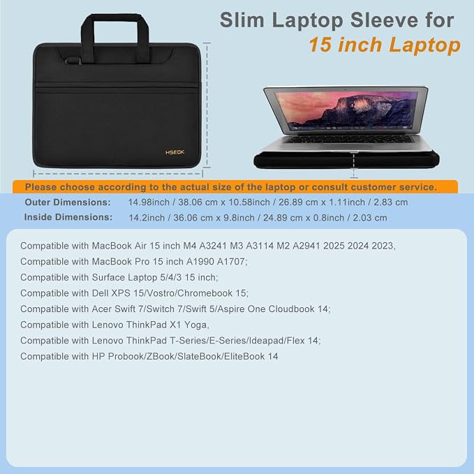 Laptop Case 15 inch Shoulder Bag Compatible with MacBook Air 15 M4 A3241 M3 A3114 M2 A2941 2025 2024 2023, XPS 15, HP Dell ASUS Lenovo and Most 15 inch Notebooks,Black