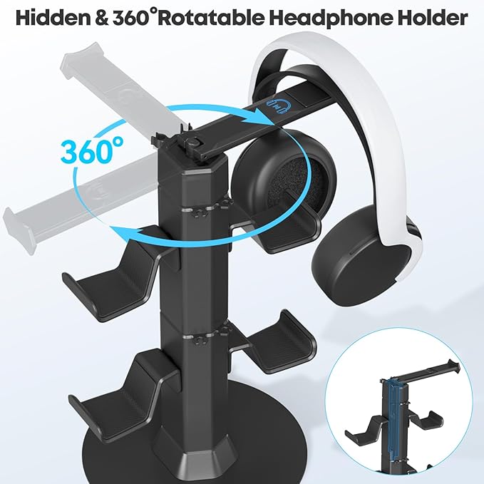 Gaming Controller & Headset Holder Stand for Desk, with Charger Cable Organizer Headphone Stand for PS5/ Xbox/ PS4/ Switch, Metal Base Controller Hook for Storage with 360° Rotatable Hanger- 2 Tiers