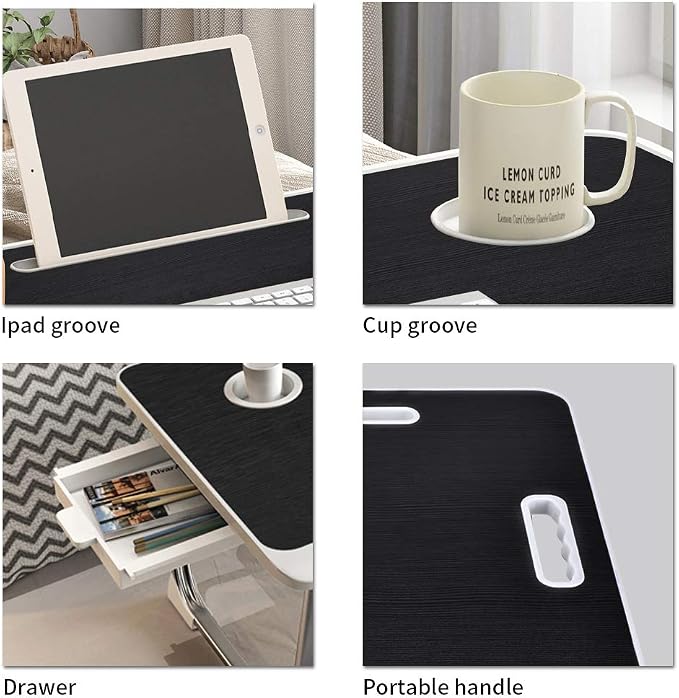 Laptop Bed Table, Laptop Desk for Bed, Foldable Laptop Bed Desk with USB Charge Port, Handle, Desktop Card Slot, Cup Slot, Side Drawer, Portable Laptop Table for Bed Eating Reading Working