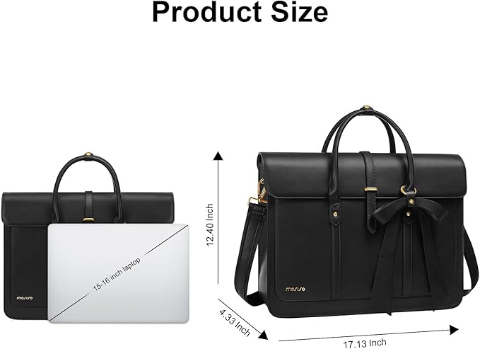 MOSISO Laptop Bag for Women, 15-15.6 inch PU Leather Laptop Shoulder Bags Convertible Backpack, 16 inch Messenger Bags Casual Handbag Work Briefcase Travel Computer Bag with Bowknot, Black