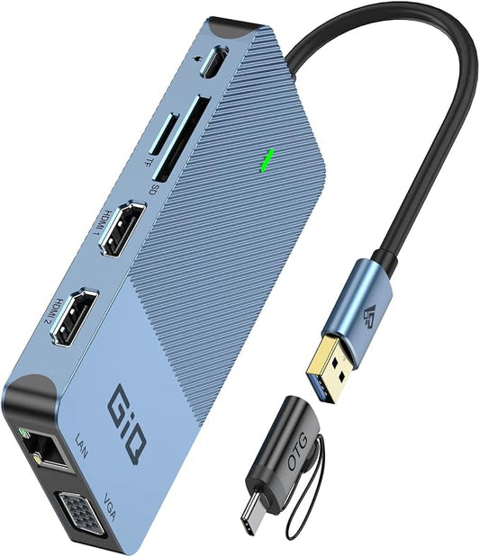USB Docking Station GIQ USB C hub USB 3.0 to Dual HDMI VGA Adapter Triple Display USB C Laptop Docking Station Dual Display Compatible with MacBook M1 USB Dock-Blue