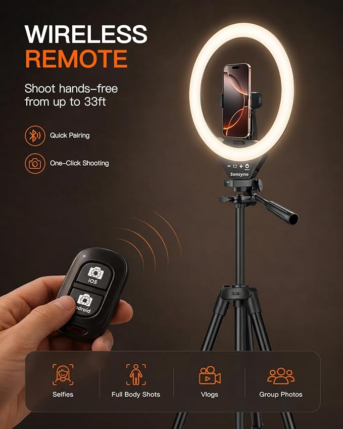 Sensyne Ring Light with Stand, 50" Phone Tripod for iPhone & Android, LED Ring Light with Remote, 3 Color Modes & 10 Brightness Levels for TikTok, Zoom & Video Recording