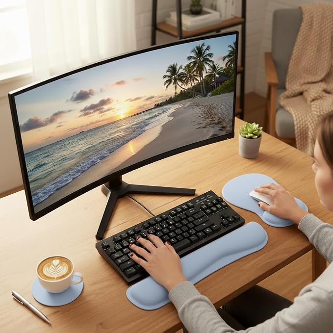 RICHEN Wrist Rest Support for Mouse Pad&Keyboard Set with Coaster,Concave Curved Memory Foam, Non-Slip Base Pain Relief Comfortable Easy Typing Pad for Home/Office (Light Blue)