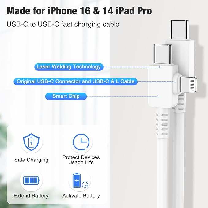 2 in 1 iPhone Fast Charger Cable 10ft, Long Type C to C Charging Cord/USB C to Lightning for Apple iPhone 17 Pro Max/17 Air/16 Pro Max/16/15 Plus/14 Pro/13/12 Mini/11/XS/XR/X/8/7 Plus/iPad Air/MacBook