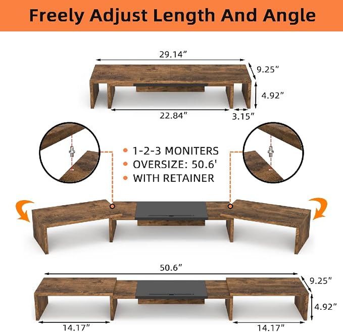 WESTREE Triple Dual Monitor Stand Riser, Extra Long Monitor Stand for 1~2~3 Monitors, Monitor Stand with Length and Angle Adjustable, 3 Shelf Desktop Storage Riser for Monitor Computer Screen Laptop