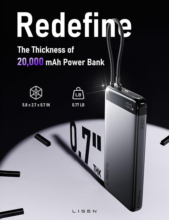 LISEN CCC Certified [Metal Alloy] 20000mAh Power Bank for 40+ Hours of Extra Power, TSA Approved Airplane Travel Essentials, 35W Fast Charging for iPhone 17 16 15 Pro Max Samsung Galaxy S26 Ultra iPad