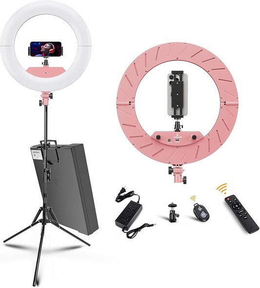 Ring Light 18 INCH Kit,55W6700k Dimmable LED Light, Tripod Stand, Remote Controller,Box for Camera,Smartphone,YouTube,TikTok,Self-Portrait Shooting,CRI95 (Pink)