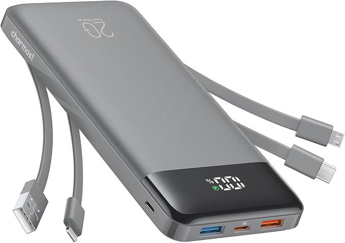 charmast 20000mAh Portable Charger with Built in Cables, 22.5W Travel Power Bank Fast Charging, USB C Cell Phone Battery Pack for iPhone 17/16/15/14/13/12 Series, iPad, Samsung, Android, Tablet