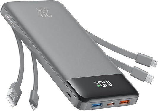 charmast 20000mAh Portable Charger with Built in Cables, 22.5W Travel Power Bank Fast Charging, USB C Cell Phone Battery Pack for iPhone 17/16/15/14/13/12 Series, iPad, Samsung, Android, Tablet
