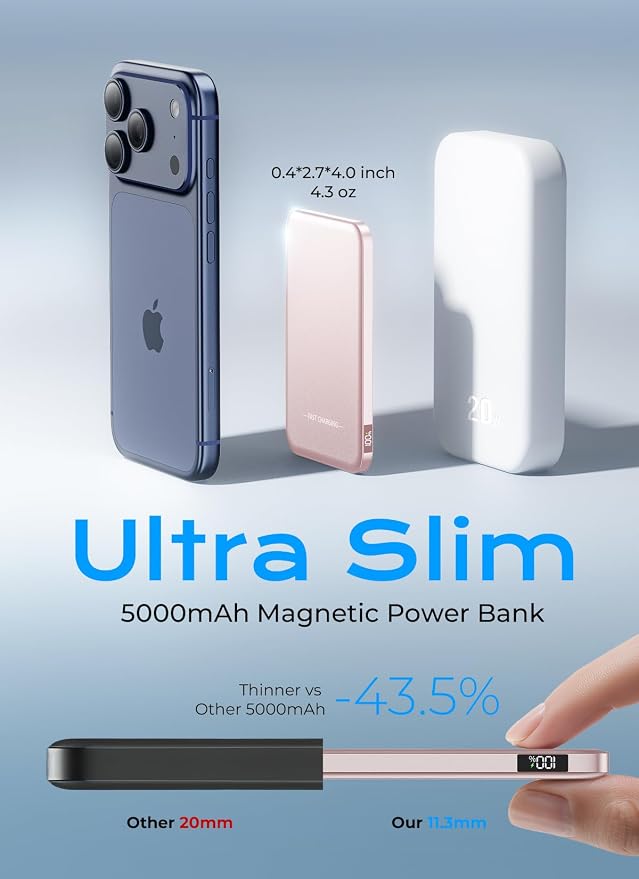 Aobbow Magnetic Portable Charger, 5000mAh Ultra Slim Power Bank with LED Display, 15W Fast Charging Battery Pack, MagSafe-Compatible Charger for iPhone 17/16/15 and AirPods - Rose Gold