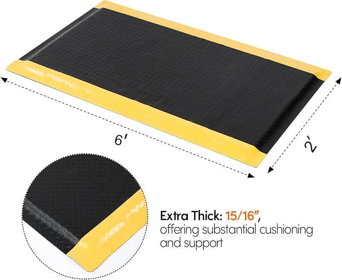 Anti Fatigue Mats Industrial 2' x 6' 15/16" Thick Ergonomic Standing Mat Commercial Kitchen Mat Heavy Duty Diamond Plate Shop Floor Mats Helps Relieve Back and Leg Soreness